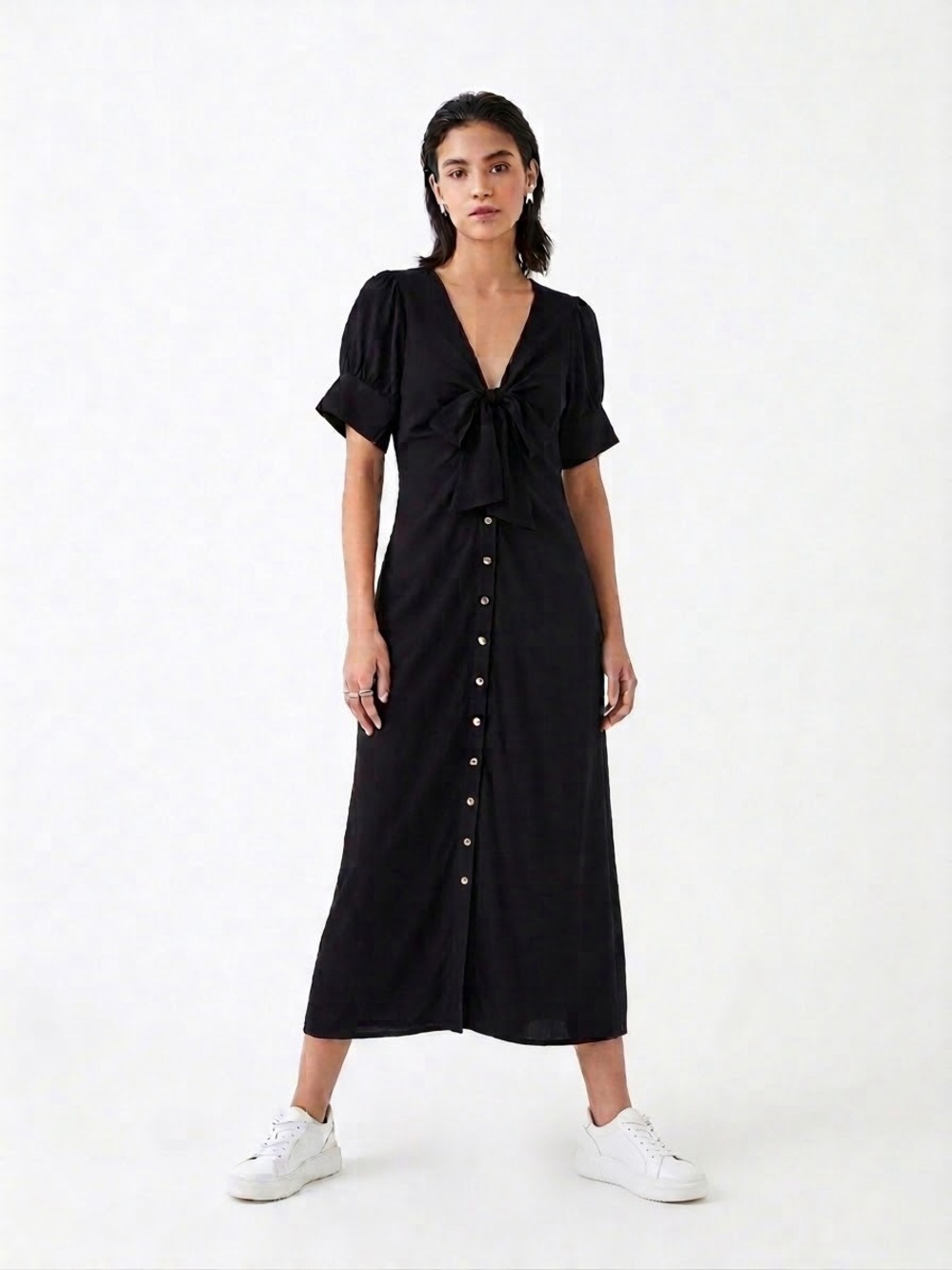 Black Minimalist Maxi Dress Bow Front Button Down Cottagecore Boho